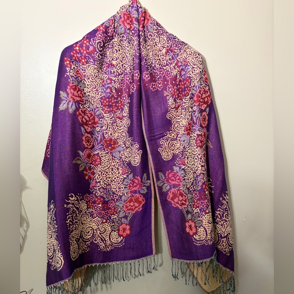 RJD Creations Floral Reversible Purple /Cream Scarf with Fringe